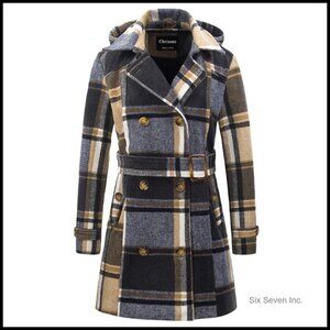 Wool Pea Coat with Detachable Hood, Double Breasted Trench for Winter